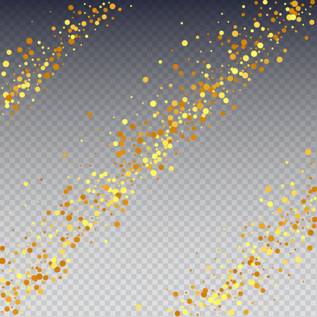 Gold Confetti on Red. Isolated Golden Dust Particles. Fluid Birthday Card. Random Bridal Backdrop. Foil Border. Geometric Anniversary Backdrop. Vector Round Bokeh. Abstract Iridescent Background.のイラスト素材