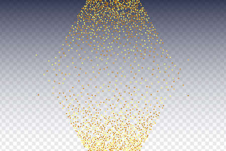 Gold Confetti on Red. Isolated Golden Dust Particles. Vector Round Bokeh. Abstract Iridescent Background. Foil Border. Geometric Anniversary Backdrop. Fluid Birthday Card. Random Bridal Backdrop.のイラスト素材