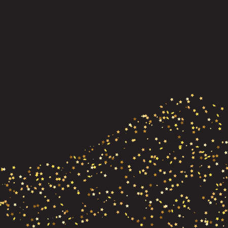 Star Sequin Confetti on Black Background. Vector Gold Glitter. Falling Particles on Floor. Christmas Party Frame. Voucher Gift Card Template. Isolated Flat Birthday Card. Golden Stars Banner.のイラスト素材