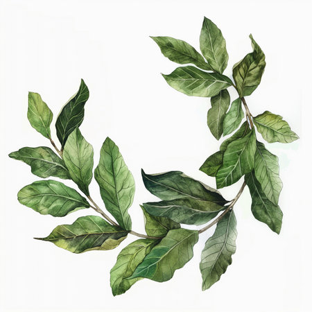 Branch of laurel with green leaves. Watercolor illustration.の素材