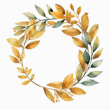 Watercolor golden laurel wreath isolated on white background. Vector illustration.の素材