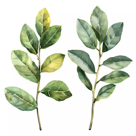 Laurel Watercolor Green Leaf. Floral Design Set for Wedding Invitations, Birthday Cards, Menu, Clothes Tag. Botanical Herbs Drawn in a Delicate Way. Bay Boho Leaves Isolated on White Background.の素材
