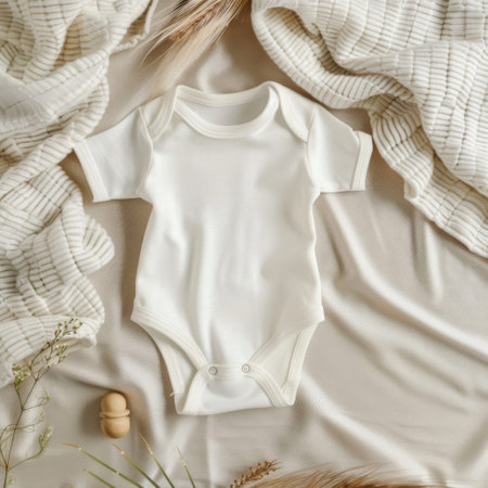 Mockup of white baby bodysuit on a tan blanket. Flay lay Short sleeves bodysuit round neckline. Pastel colors. Soft fabric, wood toys, dry plants backdrop. Minimalistic onesie template for patterns.の素材