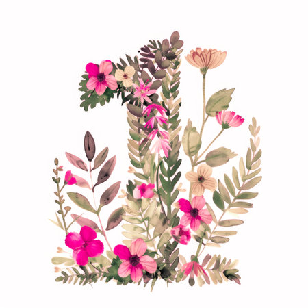 Watercolor Number One with Nature Background. Vintage Green Floral Vintage Botanical Illustration of 1. Eucalyptus Leaves and Rose Flowers Template for Card, Invitation, Baby Shower, Wedding.の素材