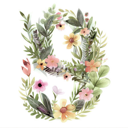 Watercolor Number Nine with Nature Background. Vintage Green Floral Vintage Botanical Illustration of 9. Eucalyptus Leaves and Rose Flowers Template for Card, Invitation, Baby Shower, Wedding.の素材