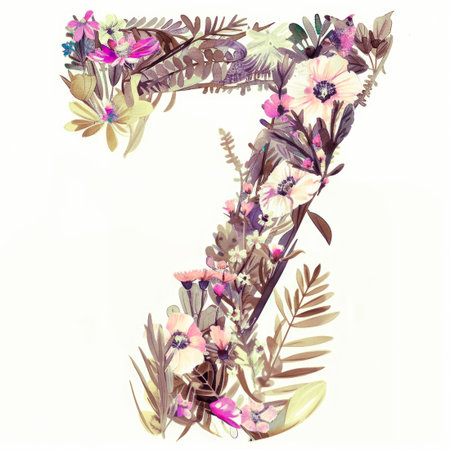 Watercolor Number Seven with Nature Background. Vintage Green Floral Vintage Botanical Illustration of 7. Eucalyptus Leaves and Rose Flowers Template for Card, Invitation, Baby Shower, Wedding.の素材