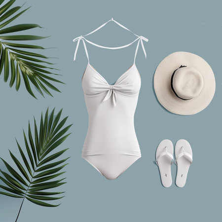 Woman Summer Swimming Suit Mockup. White Swimsuit on Gray Background. Women Underwear Mockup for Placing Seamless Pattern Design. Sale Banner with Wetsuit. Realistic Fashion Mock Up with Palm Leaves.の素材