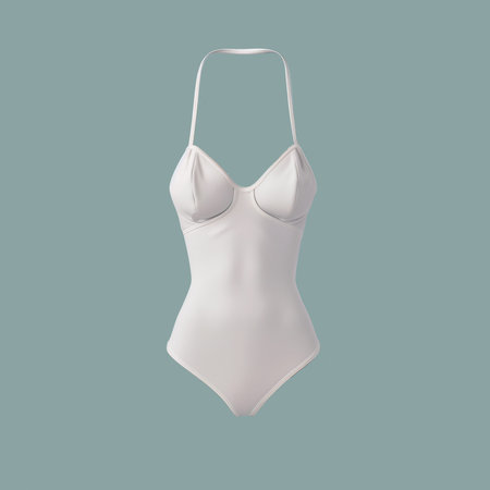 Woman Summer Swimming Suit Mockup. White Swimsuit on Gray Background. Women Underwear Mockup for Placing Seamless Pattern Design. Sale Banner with Wetsuit. Realistic Fashion Mock Up with Palm Leaves.の素材