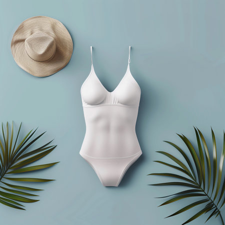 Woman Summer Swimming Suit Mockup. White Swimsuit on Gray Background. Women Underwear Mockup for Placing Seamless Pattern Design. Sale Banner with Wetsuit. Realistic Fashion Mock Up with Palm Leaves.の素材