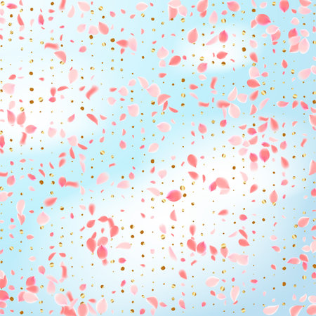 Flower Petals Background. Pink Falling Roses. Wedding and Anniversary Card. Spring Blowing Wind with Cherry Blossoms. 8 March Poster. Abstract Frame. Flying Sakura Petals. Vector Festive Bokeh Banner.のイラスト素材