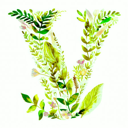Watercolor Alphabet Letter V with Leaves and Flowers. Summer Ornament. Exotic Floral ABC Card. Initial Monogram V Painted in Watercolor Isolated on White. Birthday, Vintage Wedding Poster Font.の素材