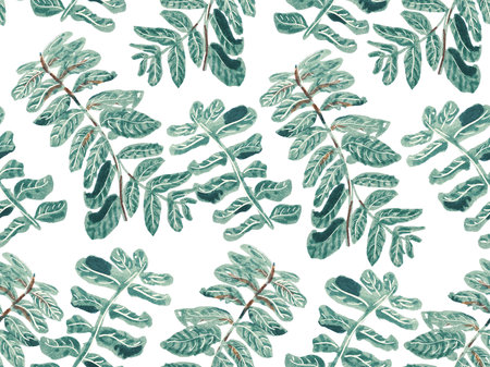 Simple Tropical Clean Seamless Pattern. Green and Teal Exotic Swimwear Foliage Background. Floral Creative Summer Print. Hand Drawn Hawaii Forest Illustration. Naive Doodle Jungle Design.の写真素材