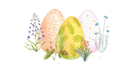 Easter eggs with flowers and herbs. Watercolor illustration isolated on white background.の写真素材