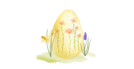 Easter egg with spring flowers and narcissus isolated on white backgroundの写真素材