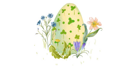 Watercolor easter egg with flowers and grass on white background.の写真素材