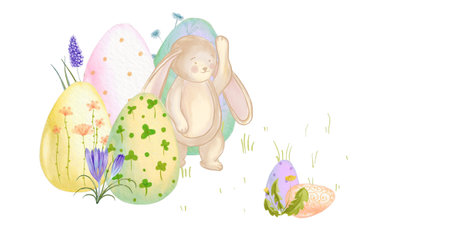 Easter card with bunny, eggs and flowers. Vector illustration.の写真素材