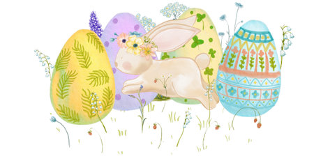 Easter eggs and bunny on white background. Watercolor illustration.の写真素材