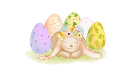 Easter Watercolor Bunny Rabit Clipart Isolated on White Background. Cute Spring Animals and Flowers Card Design. Footer Banner for Kids Room. Christianity Festival Cover Concept.の写真素材