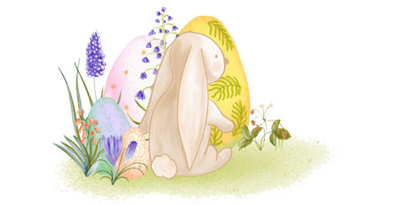 Easter bunny with eggs and flowers. Vector illustration for your designの写真素材