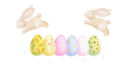 Easter Watercolor Bunny Rabbit Clipart Isolated on White Background. Cute Spring Animals and Flowers Card Design. Footer Banner for Kids Room.の写真素材