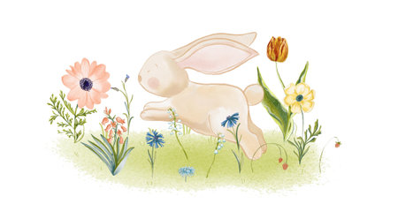 Easter Watercolor Bunny Rabit Clipart Isolated on White Background. Cute Spring Animals and Flowers Card Design. Footer Banner for Kids Room. Christianity Festival Cover Concept.の写真素材