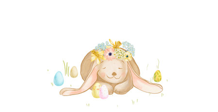 Easter Watercolor Bunny Rabit Clipart Isolated on White Background. Cute Spring Animals and Flowers Card Design. Footer Banner for Kids Room. Christianity Festival Cover Concept.の写真素材