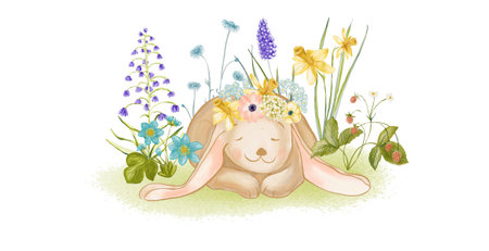 Easter Watercolor Bunny Rabit Clipart Isolated on White Background. Cute Spring Animals and Flowers Card Design. Footer Banner for Kids Room. Christianity Festival Cover Concept.の写真素材
