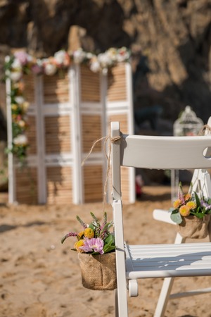 Beach Wedding Details in front of the seaの写真素材