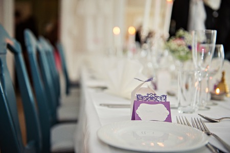 A very nicely decorated wedding table with plates, serviettes and signs. Scandinavian style. Sample and cleanの写真素材