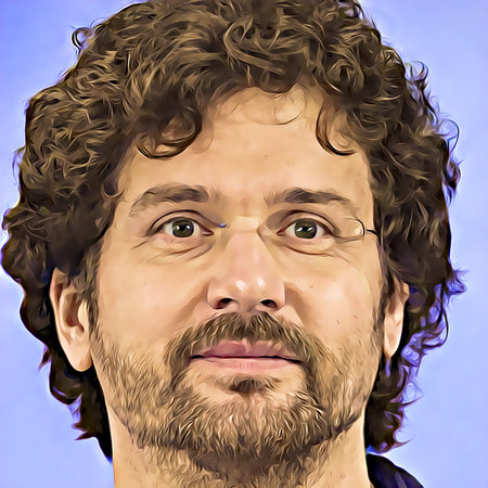Cartoon-style portrait of person's face.