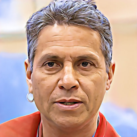 Cartoon-style portrait of person's face.