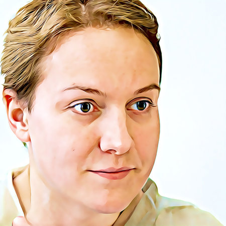 Cartoon-style portrait of person's face.