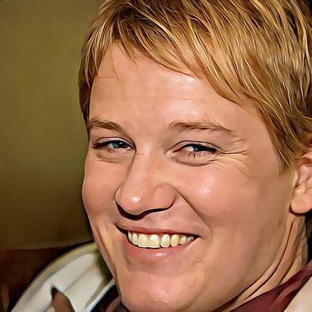 Cartoon-style portrait of person's face.