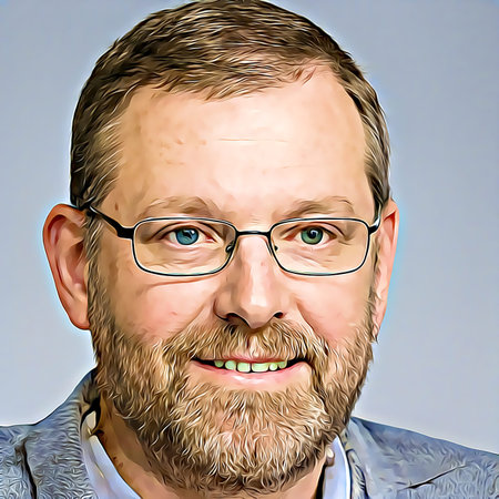 Cartoon-style portrait of person's face.