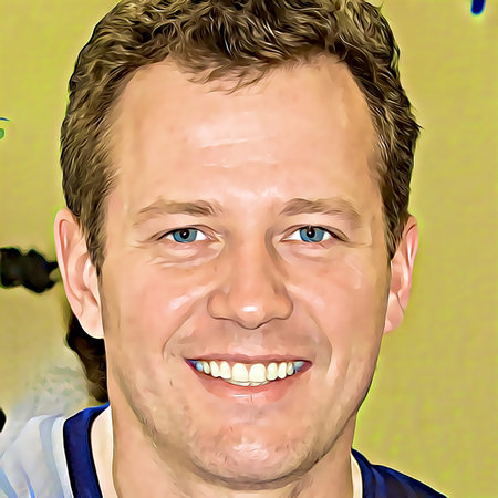 Cartoon-style portrait of person's face.