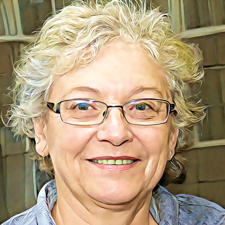 Cartoon-style portrait of person's face.