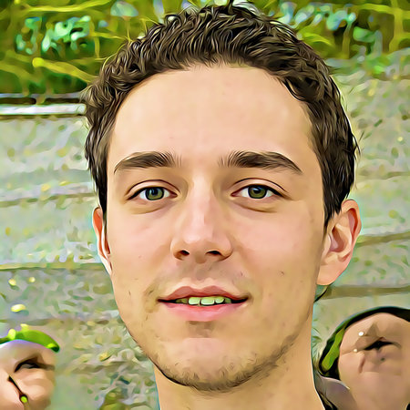 Cartoon-style portrait of person's face.