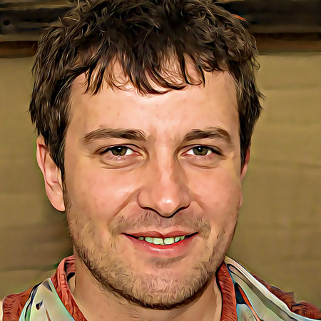 Cartoon-style portrait of person's face.