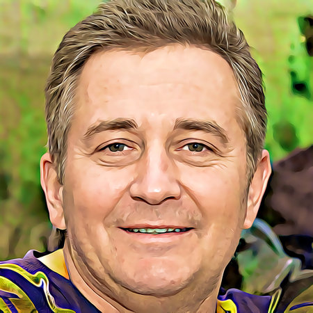 Cartoon-style portrait of person's face.