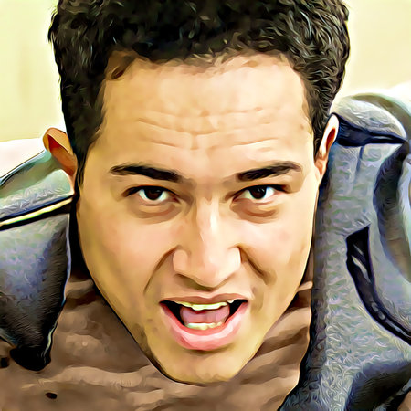 Cartoon-style portrait of person's face.