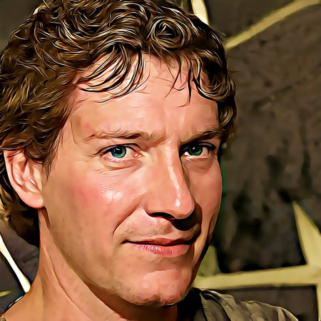Cartoon-style portrait of person's face.