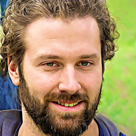 Cartoon-style portrait of person's face.