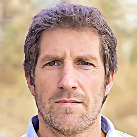 Cartoon-style portrait of person's face.