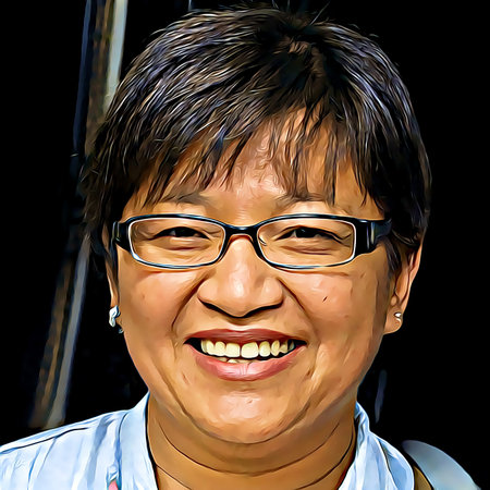 Cartoon-style portrait of person's face.