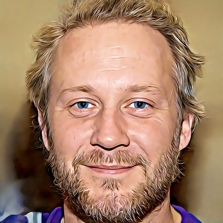Cartoon-style portrait of person's face.