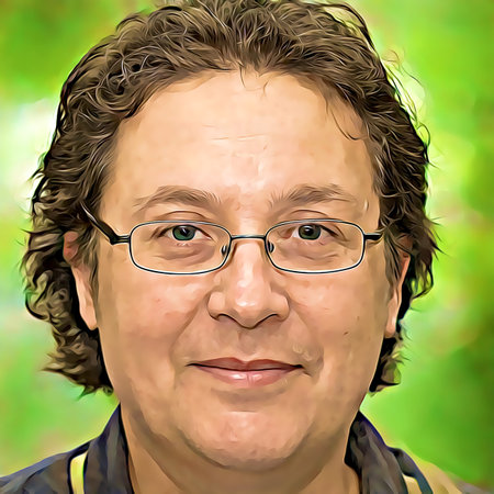 Cartoon-style portrait of person's face.