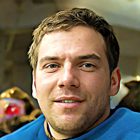 Cartoon-style portrait of person's face.
