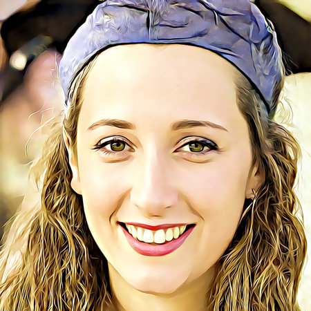 Cartoon-style portrait of person's face.