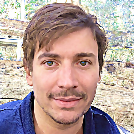 Cartoon-style portrait of person's face.