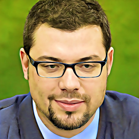 Cartoon-style portrait of person's face.